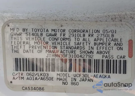 2001 Lexus Ls 430 z USA, uszkodzony, nr VIN JTHBN30F310042792